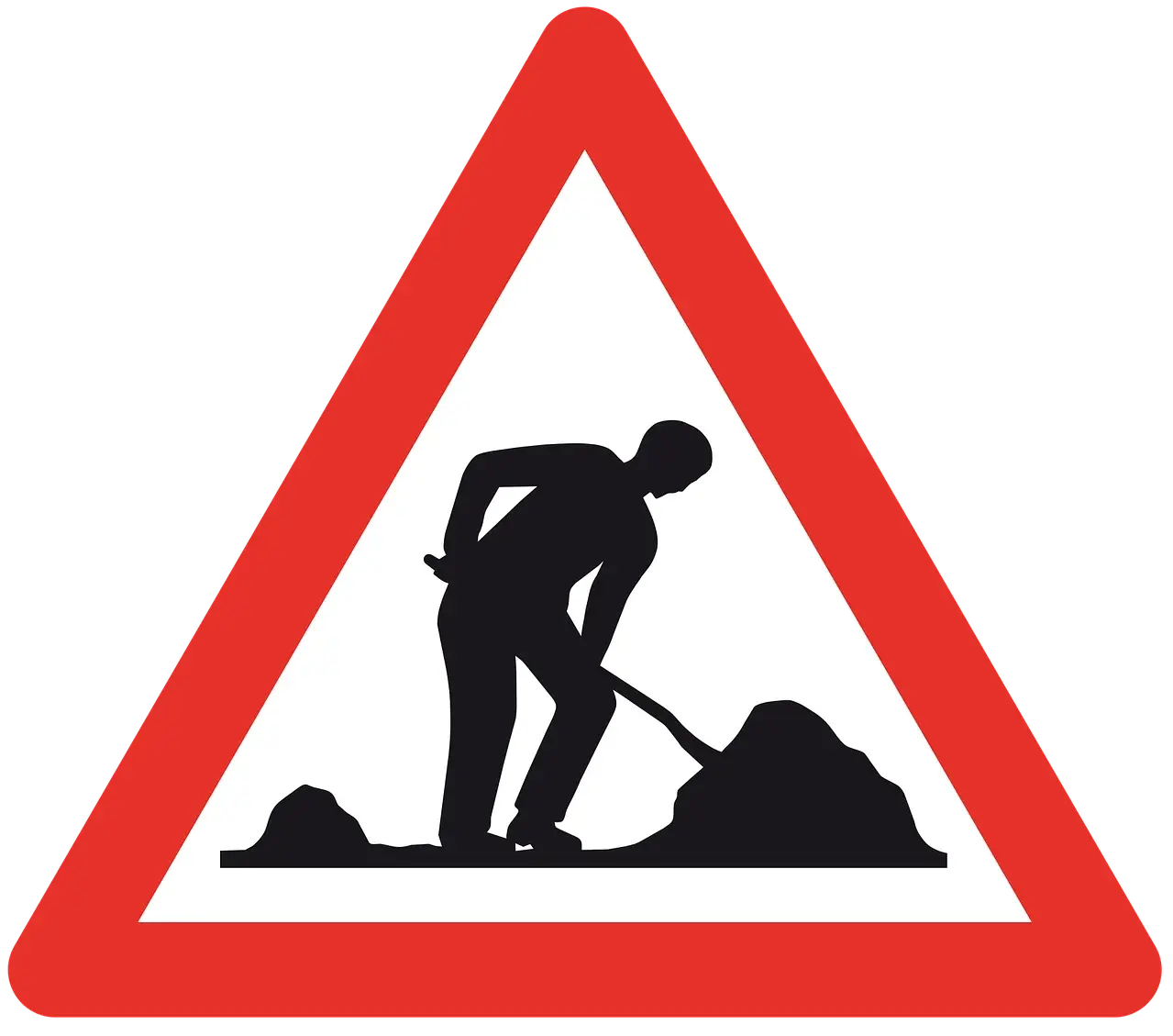Rot umrandetes, dreieckiges Schild mit Bauarbeiter